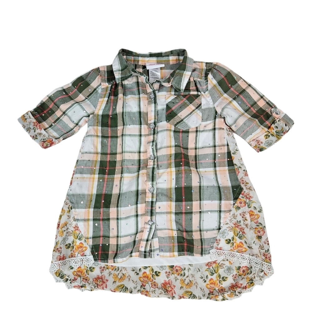 Little Lass Plaid &‎ Floral Chiffon Rhinestone Button Up Shirt Size 5 Girls D96